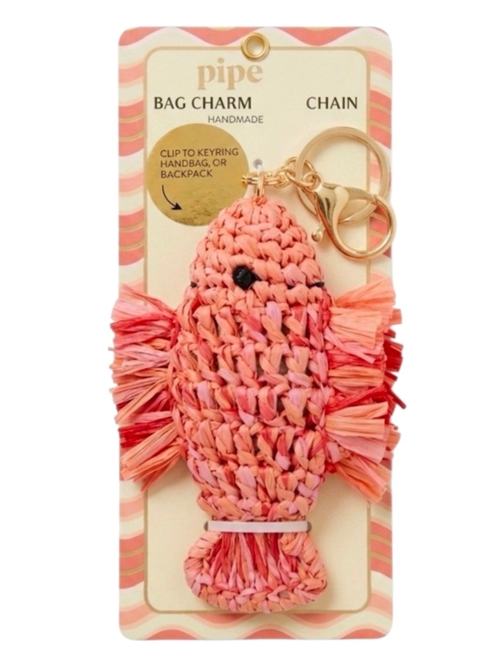 💕▪️Piper K Coral Pink Handmade RAFFIA crotchet Fish Bag Charm Keychain